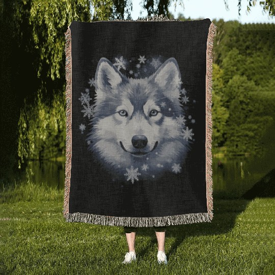 Husky dog and snowflakes Woven Blankets