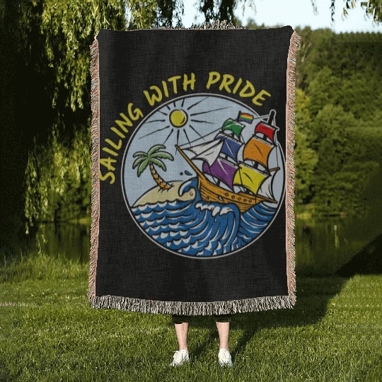 LGBTQ Sailing Ship with Rainbow Flag, Vacation Woven Blankets