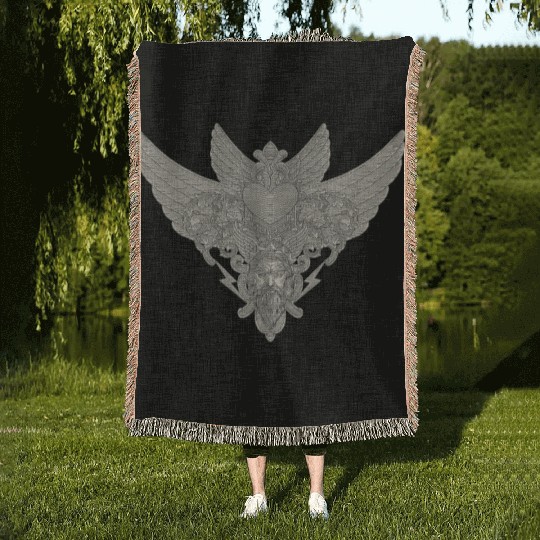 heart with wings, zeus and floral ornament Woven Blankets