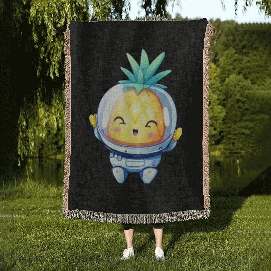 Kawaii astronauts pineapple Woven Blankets
