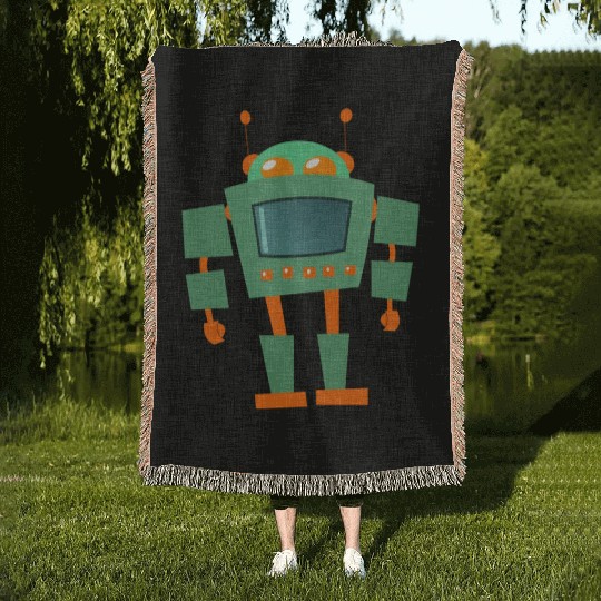 Green And Orange Robot Woven Blankets