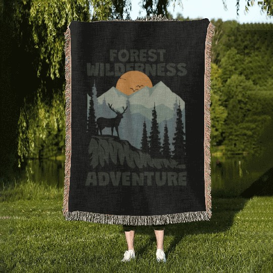 forest wilderness adventure deer mountain Woven Blankets