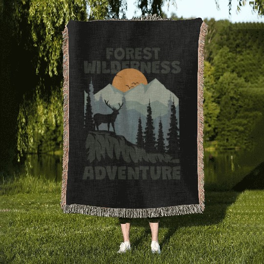 forest wilderness adventure deer mountain Woven Blankets
