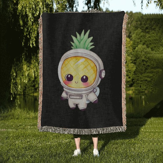 Kawaii astronauts pineapple Woven Blankets