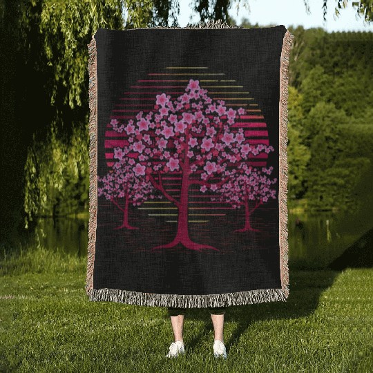 Japanese sakura tree gift retro cherry blossoms Woven Blankets