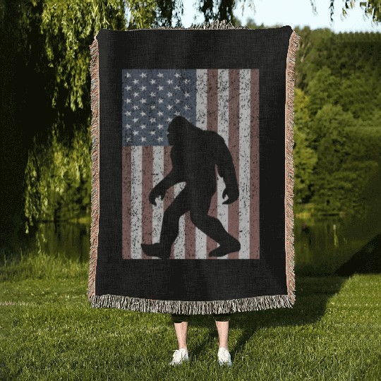 Bigfoot Sasquatch American Flag USA Woven Blankets