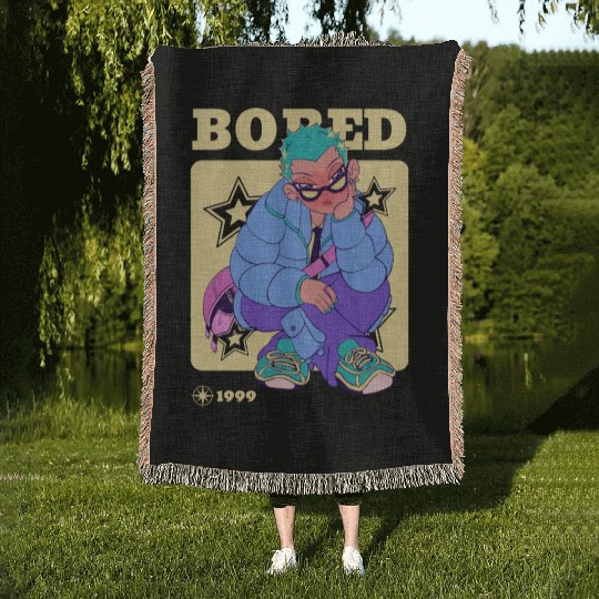 Black Cream Blue Y2K Anime Illustrated Bored Woven Blankets