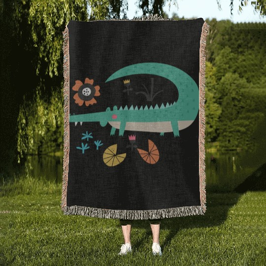 Happy Green Crocodile Woven Blankets