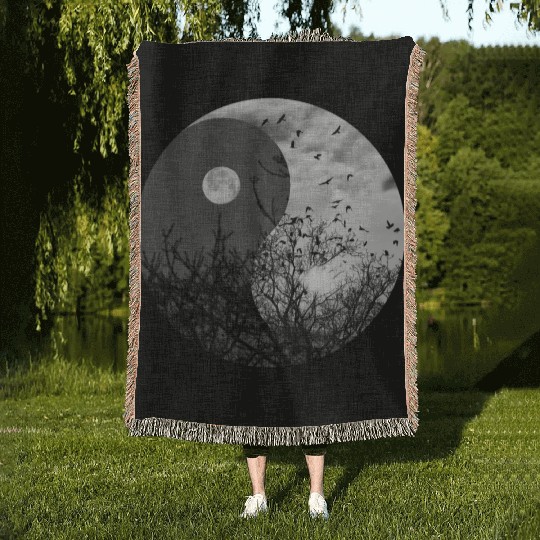 Yin and Yang of Moon and Sun in Black and White Woven Blankets