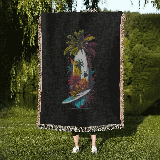 Surfing board tropical Woven Blankets