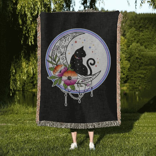 Galaxy Cat and Flowers in Lesbian Flag Colors Woven Blankets