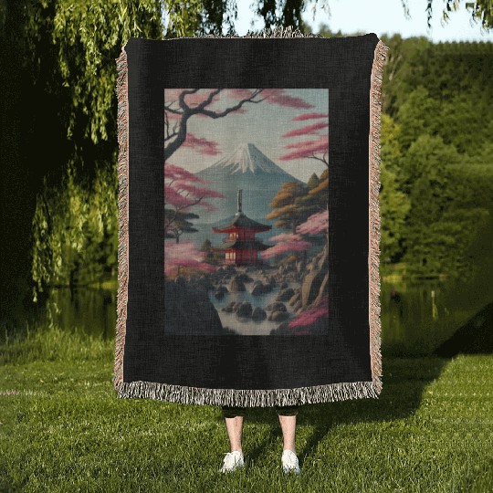 Asia Landscape Serene Mount Fuji Woven Blankets
