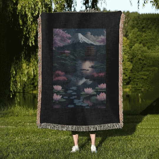 Asia Landscape by night Serene Mount Fuji Woven Blankets