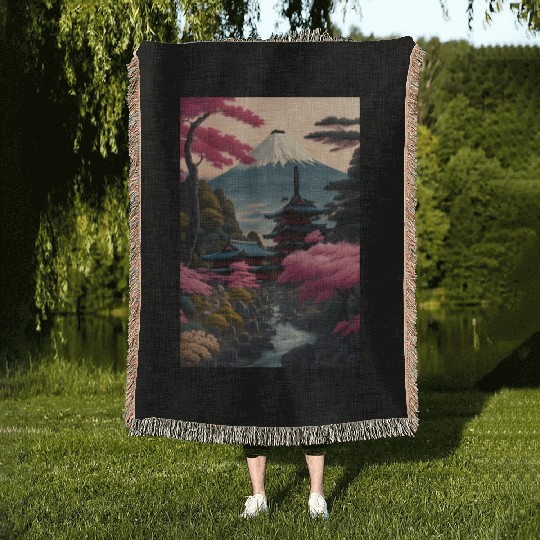 Asia Landscape Serene Mount Fuji Woven Blankets