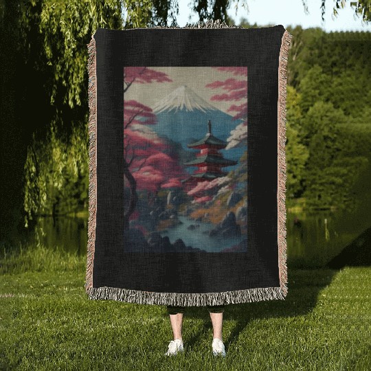 Asia Landscape Serene Mount Fuji Woven Blankets