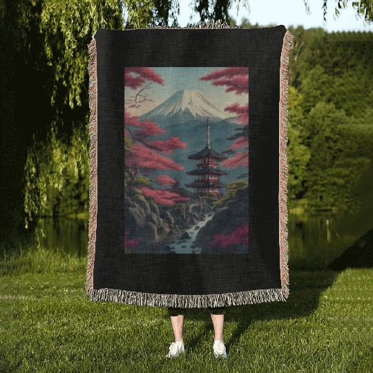 Asia Landscape Serene Mount Fuji Woven Blankets
