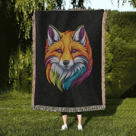 Colorful Fox Portrait Woven Blankets