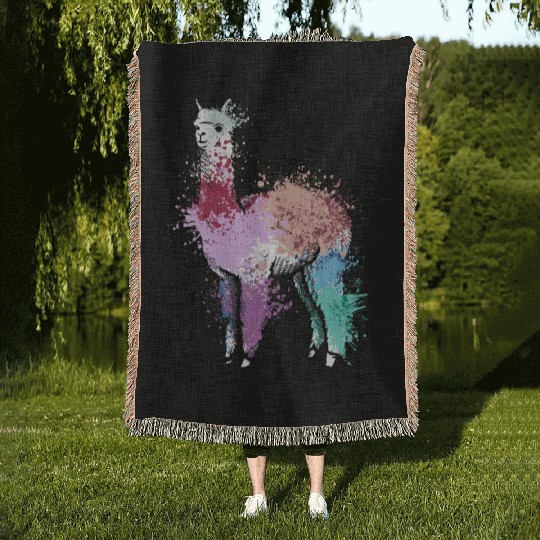 Colorful Splash Art Farm animals alpaca Llama Woven Blankets