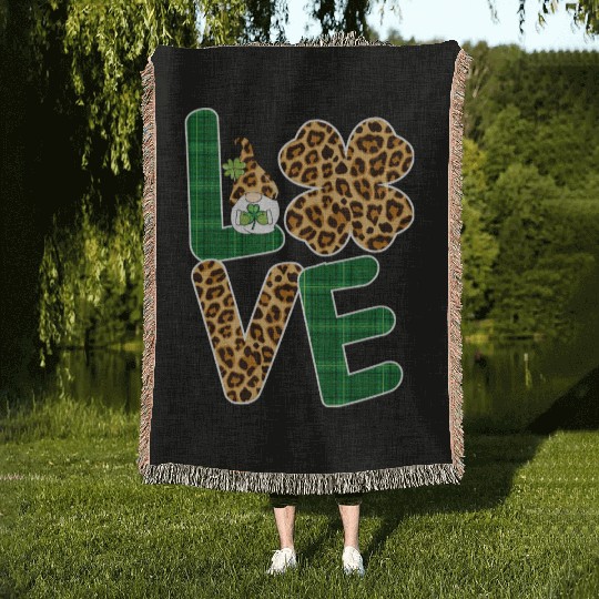 Love Irish Gnome Shamrock Leopard Plaid St Woven Blankets