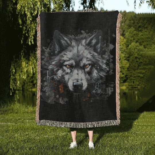 The Lone Wolf. Urban Hunter, Graffiti Style. Woven Blankets