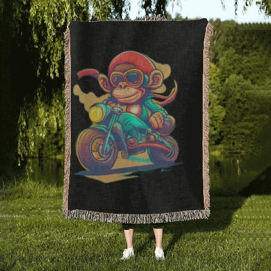 monkey driving a motorcycle in the summer Woven Blankets