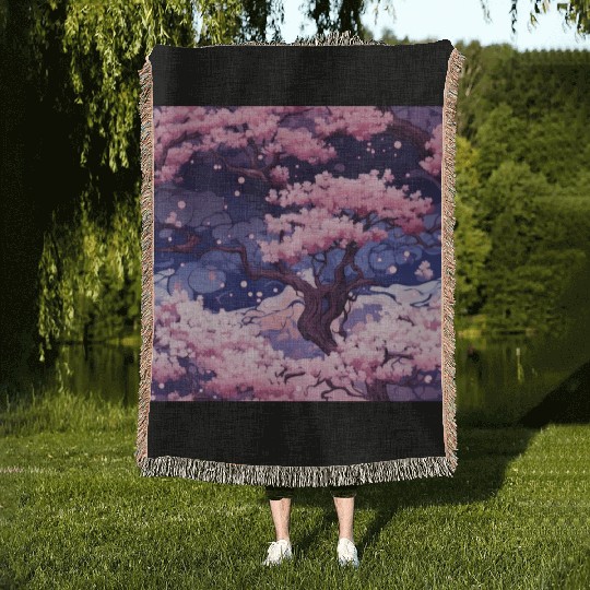 Anime Euphoria: Fantasy Cherry Blossom Dreamscape Woven Blankets