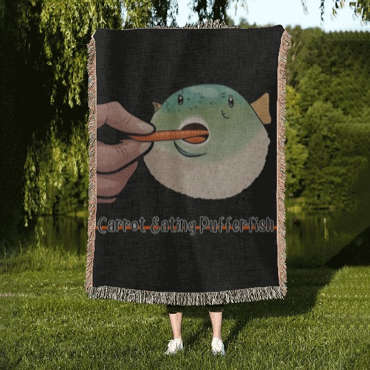 Carrot Eating Pufferfish Meme Woven Blankets
