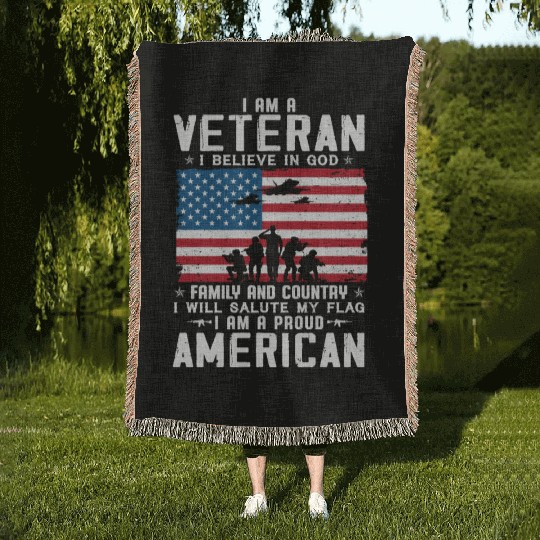 I Am A Proud American Veteran Woven Blankets