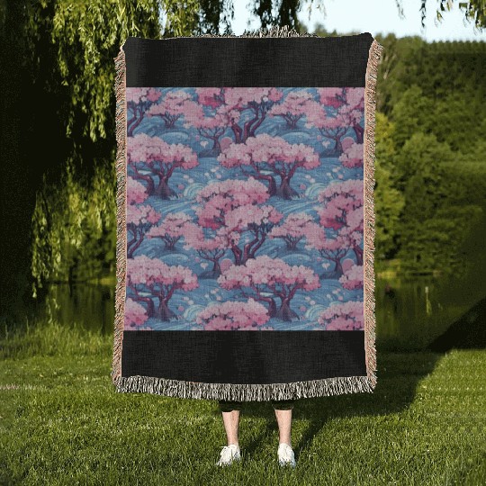 Anime Euphoria: Fantasy Cherry Blossom Dreamscape Woven Blankets