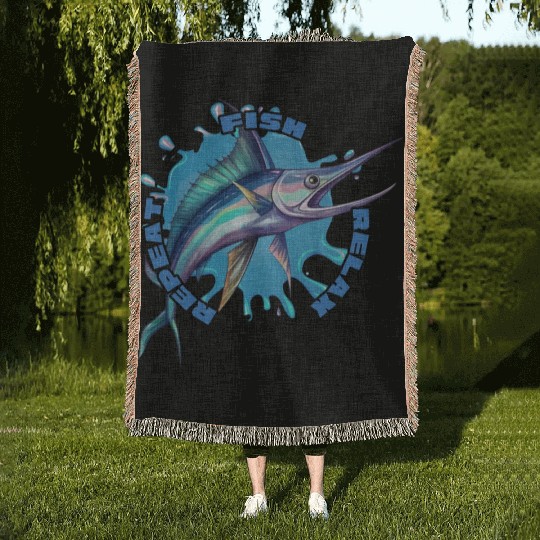 fish relax repeat swordfish Woven Blankets