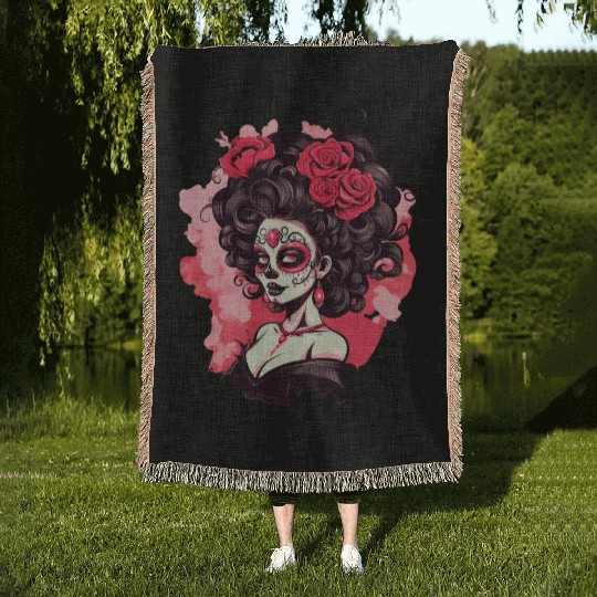 Dia de los muertos woman sugar skull with flowers Woven Blankets