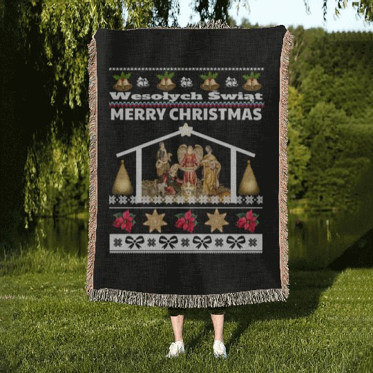 Polish Wesolych Swiat Nativity Scene Jesus Born Woven Blankets