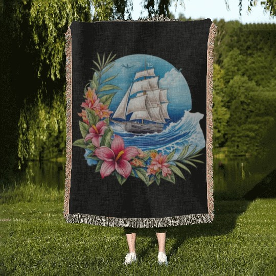 Sailing Ship Sailing Orchids Flowers Sailboat Woven Blankets
