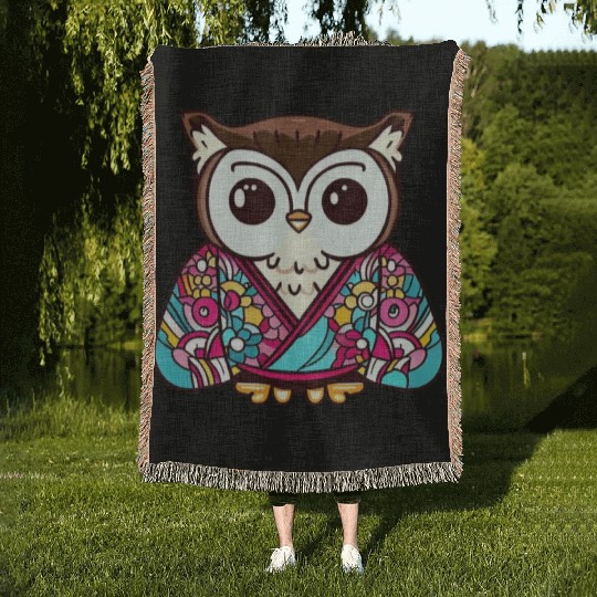 Japanese Kimono owl Woven Blankets