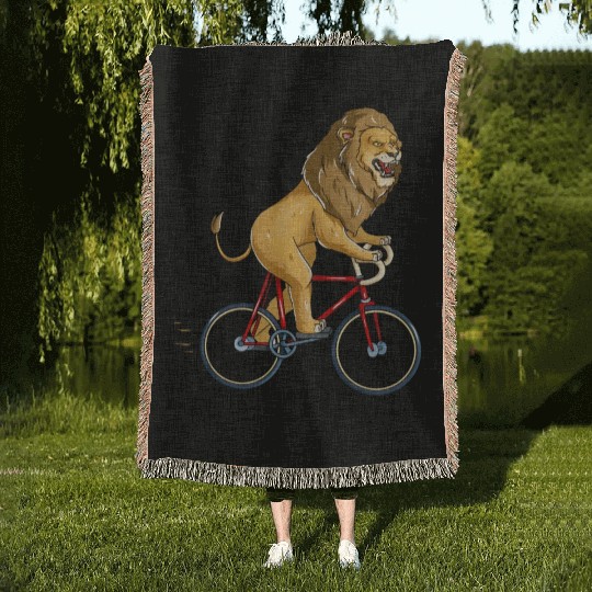 Lion Riding Bicycle Cute Biker Cyclist Cycling Woven Blankets
