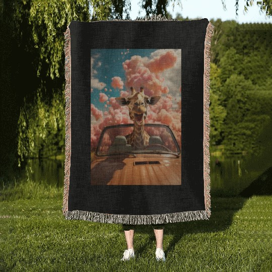 Photograph of a giraffe driving a convertible Woven Blankets