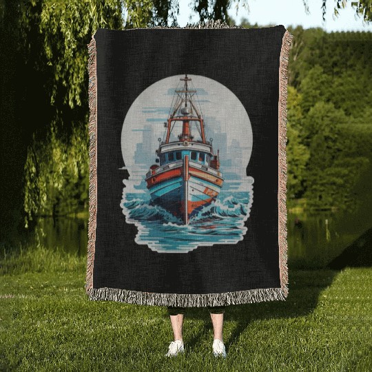 sailing at Sunset in a Vintage Wooden Boat Woven Blankets