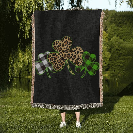 St Patricks Day Leopard Print Plaid Shamrock Woven Blankets