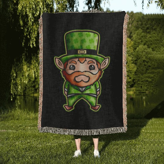 Cute Kawaii Irish Elf With Shamrock Hat For St Woven Blankets