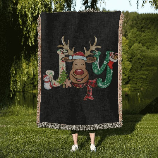 Xmas Christmas Joy Snowman Deer Santa Hat Woven Blankets