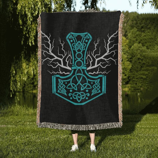The Hammer Of Thor With Lightning Mjolnir Woven Blankets