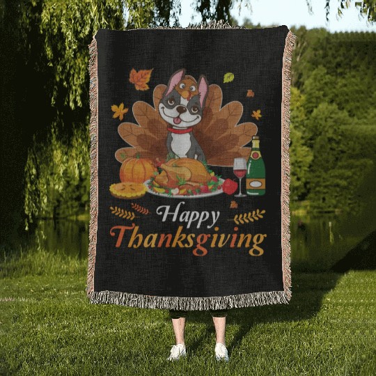 Boston Terrier Turkey Costume Wine Pie Pumpkin Woven Blankets
