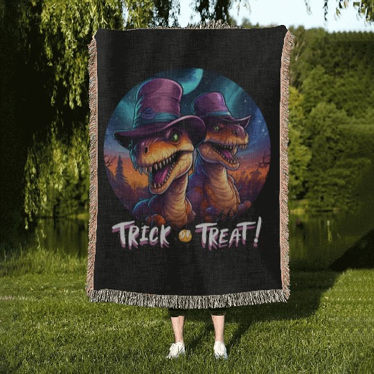 Halloween Dinosaur Velociraptor Trick or Treat Woven Blankets