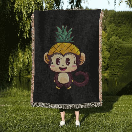 Tropical monkey with pineapple helmet Woven Blankets