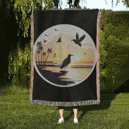 the beach sunset birds Woven Blankets