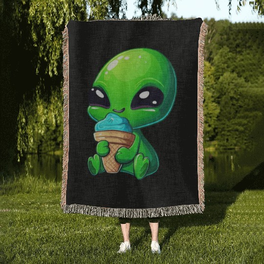 Alien Extraterrestrial Ice Blue Green Woven Blankets
