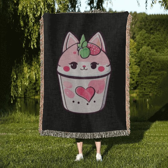 Cat Strawberry Milk Shake Kawaii Woven Blankets