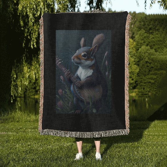 Aesthetic Cottagecore Floral Cute Squirrel Playing Woven Blankets