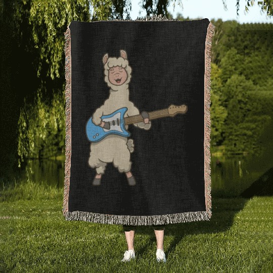 Comic Llama Plays Electric Guitar Woven Blankets