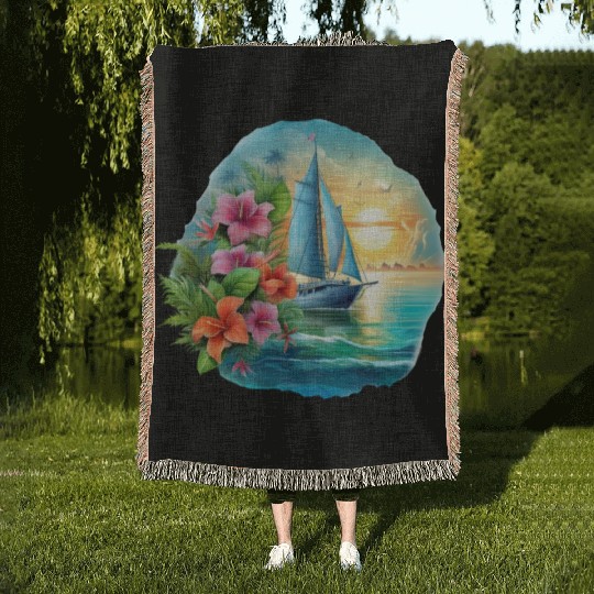 Sailing Ship Sailing Orchids Flowers Sailboat Woven Blankets